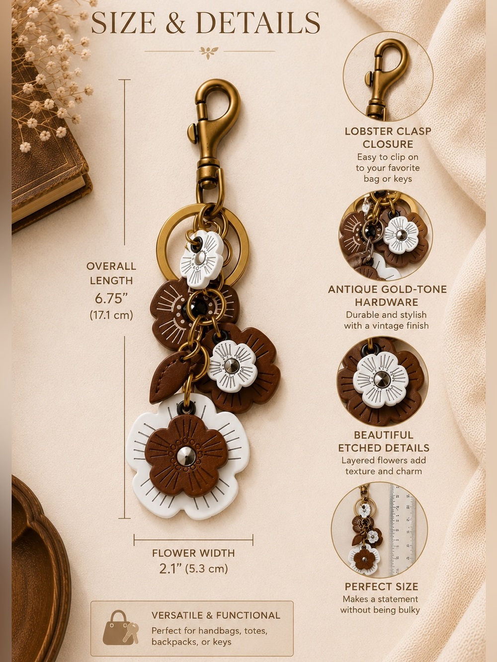 Tea Rose Style Brown & White Floral Cluster Bag Charm - Picture 5 of 5